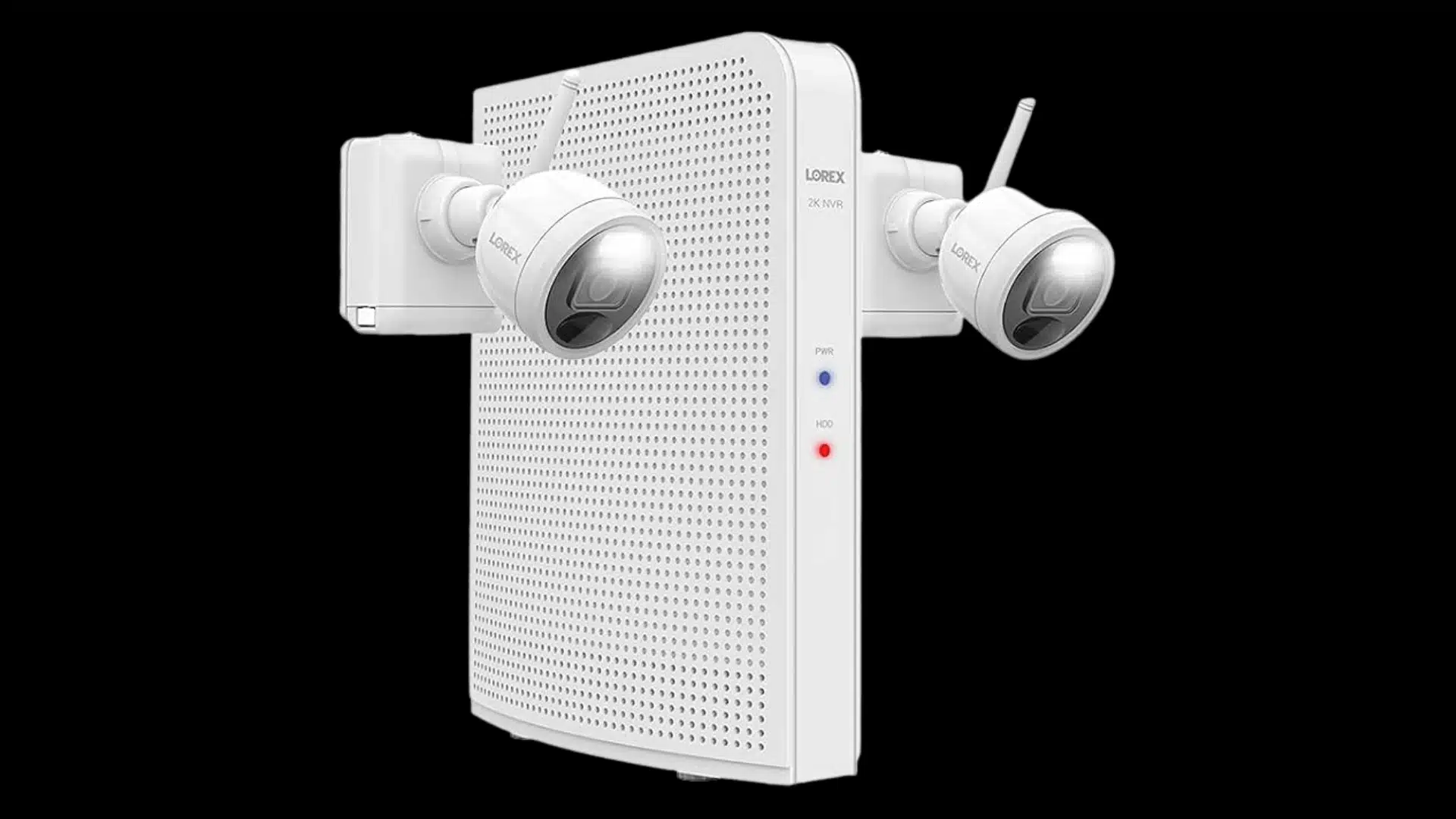 Lorex 2K QHD wire-free security camera system with two cameras and a wireless recorder hub.