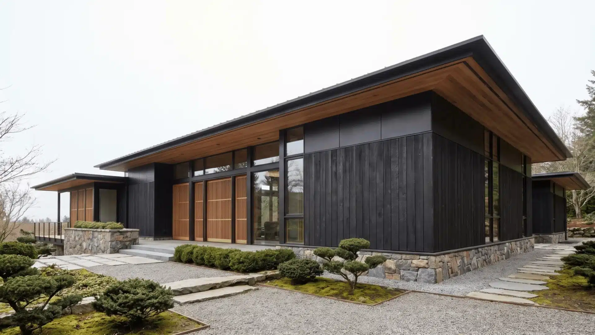 Low black Japanese-inspired house with deep overhangs, wood, stone, and framed openings