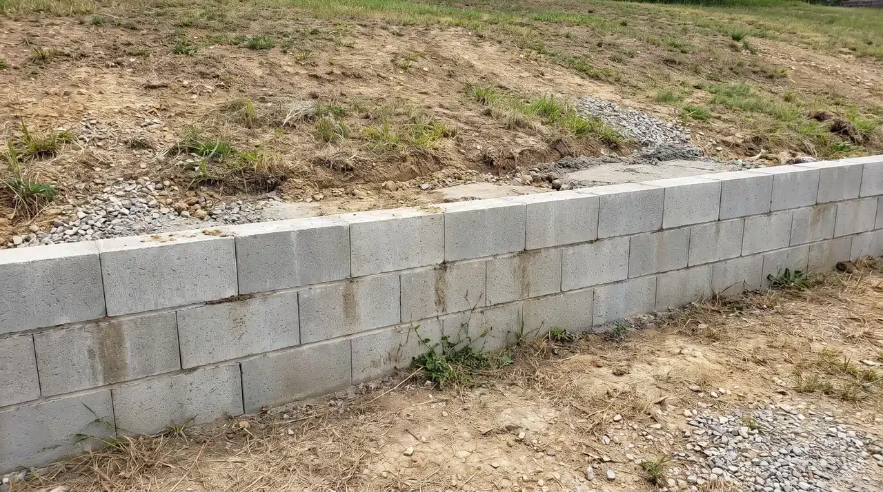Low CMU block retaining wall holding back a shallow yard slope