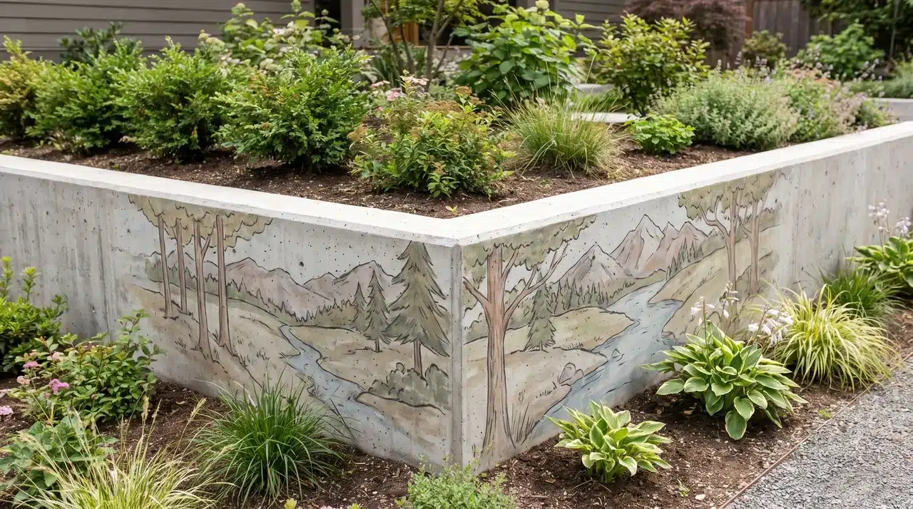 Low concrete retaining wall with landscape mural and garden shrubs.