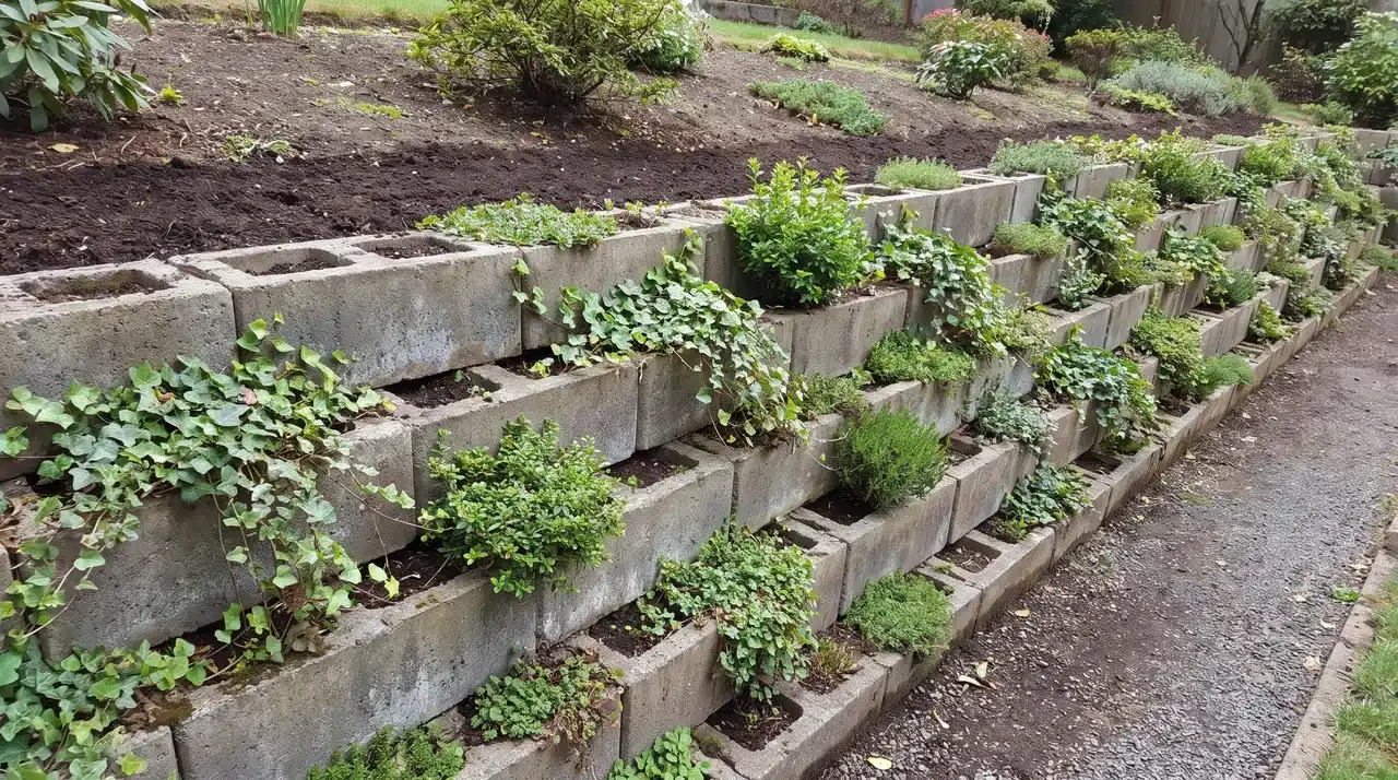 Low concrete retaining wall with stacked blocks and planted pockets holding back soil.