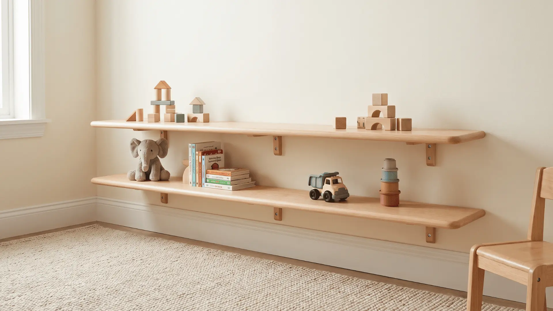 Low floating playroom shelves holding spaced everyday toys within easy reach