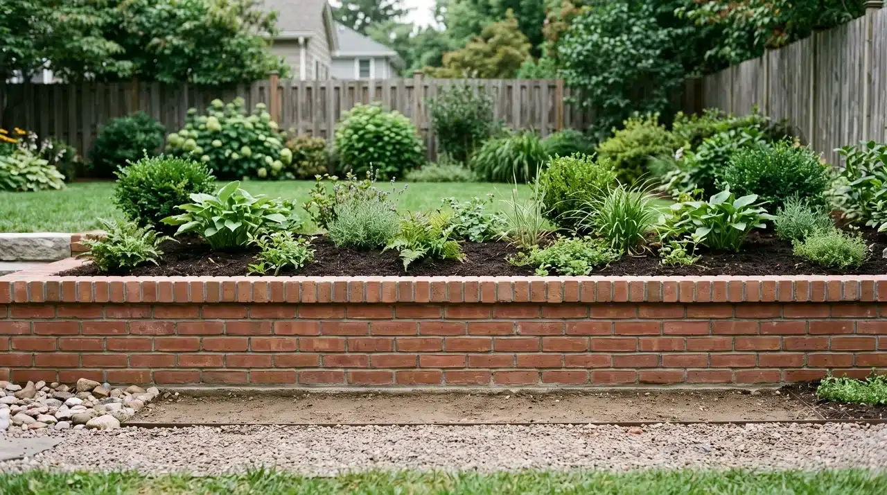 Low mortared brick retaining wall holding back a shallow soil bed