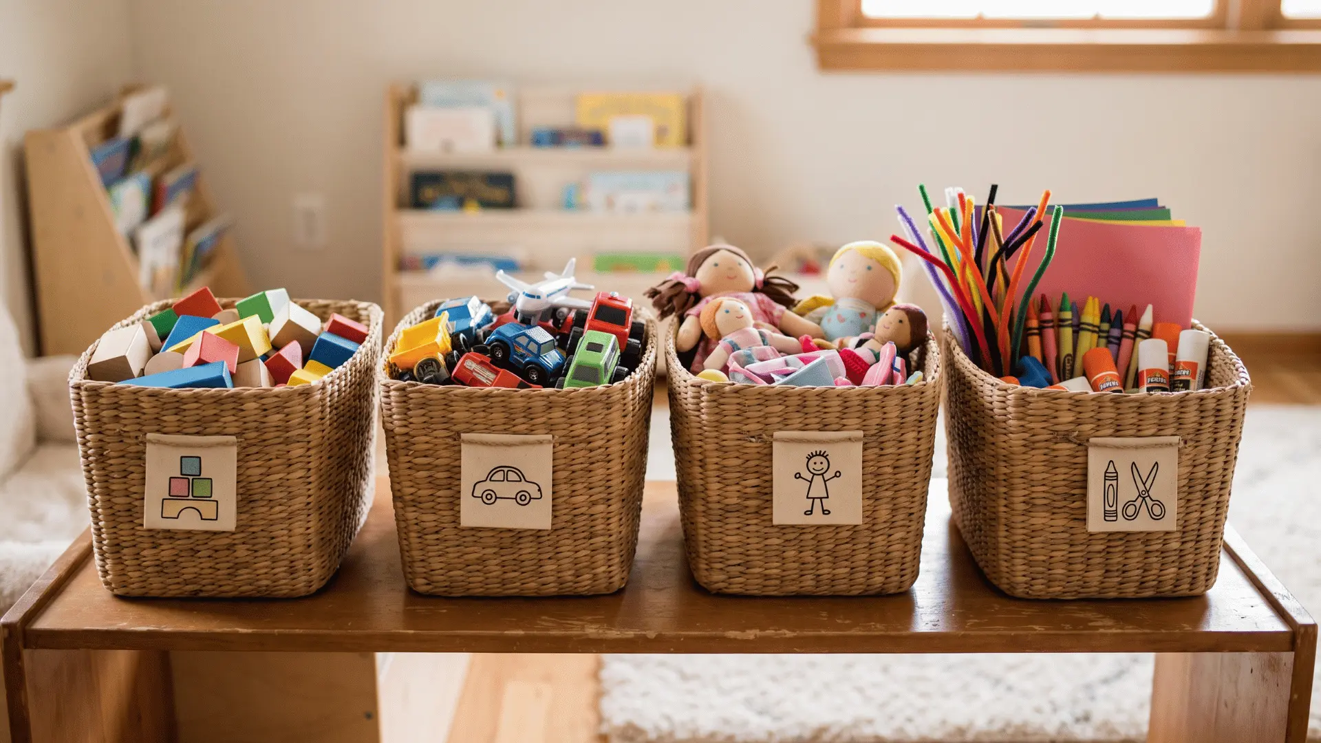 Low playroom baskets sorting blocks, vehicles, dolls, and craft supplies into separate categories