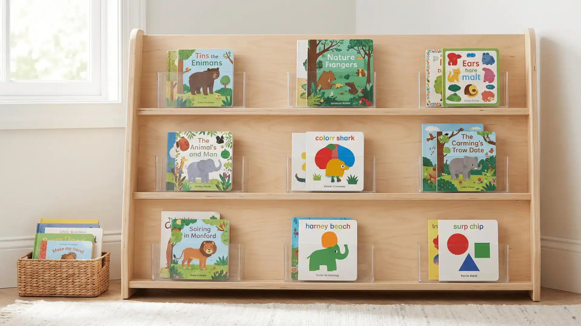 Low playroom bookshelf displaying uncrowded books with their covers facing forward