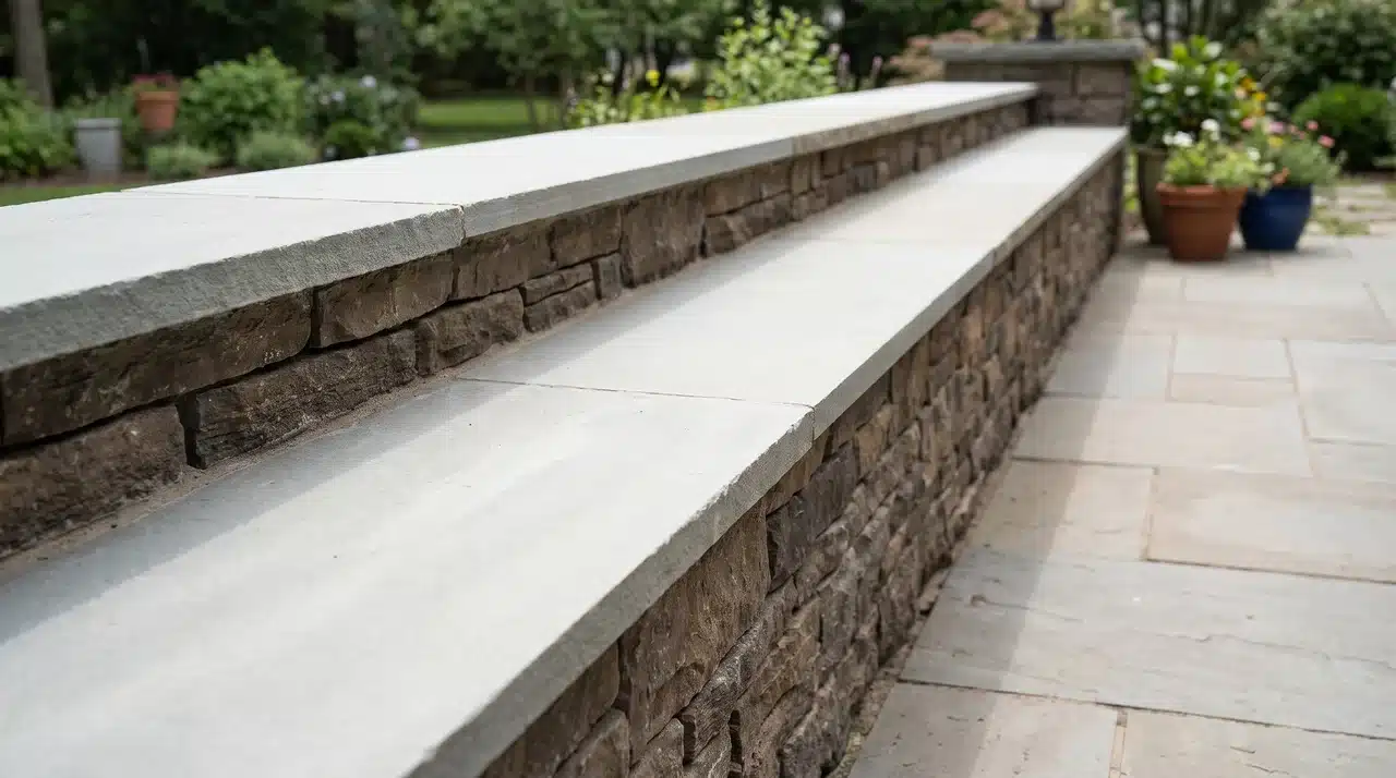 Low retaining wall with a wide flat capstone forming built-in seating beside a patio.