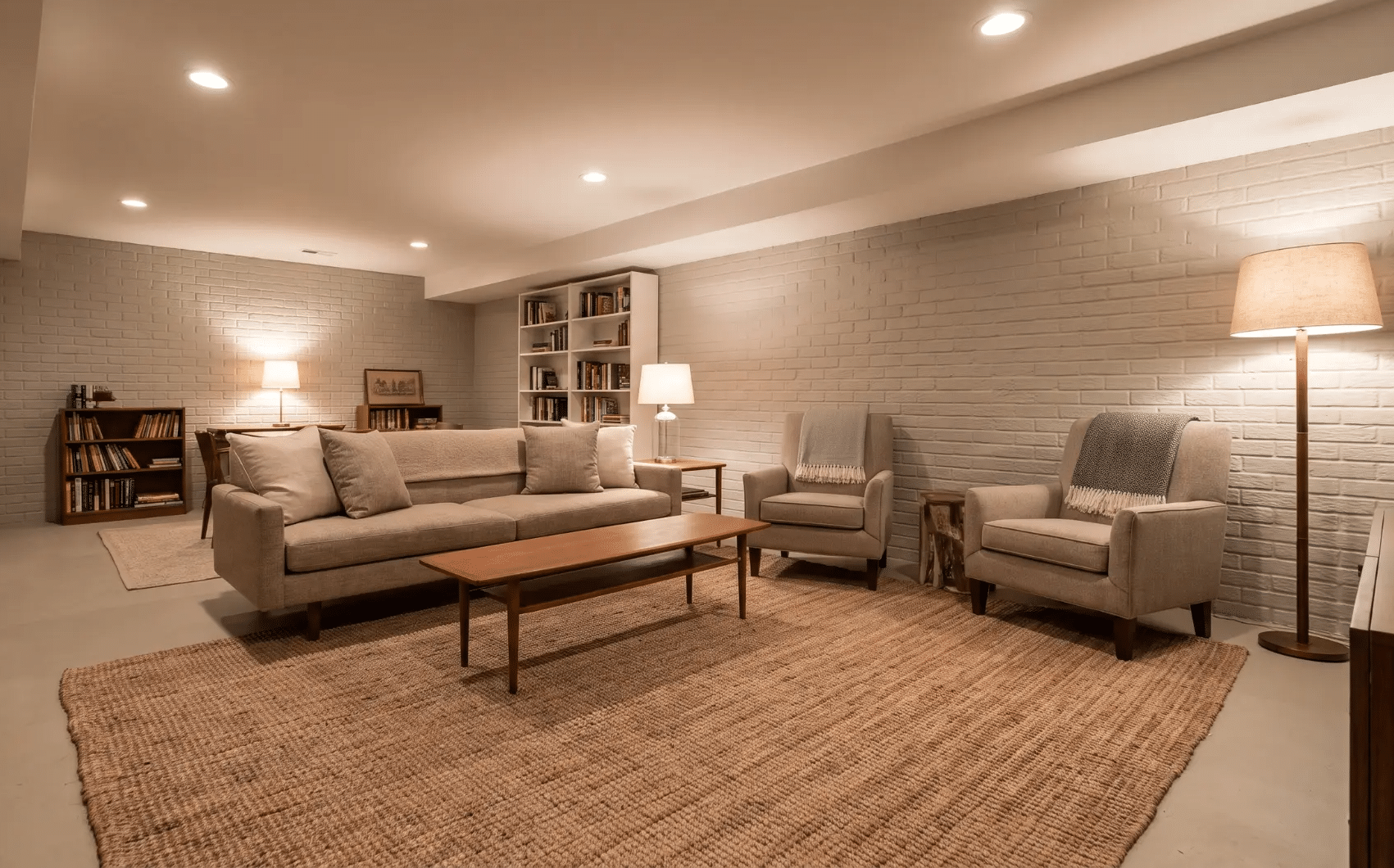 Low sofa and chairs arranged in a small basement den