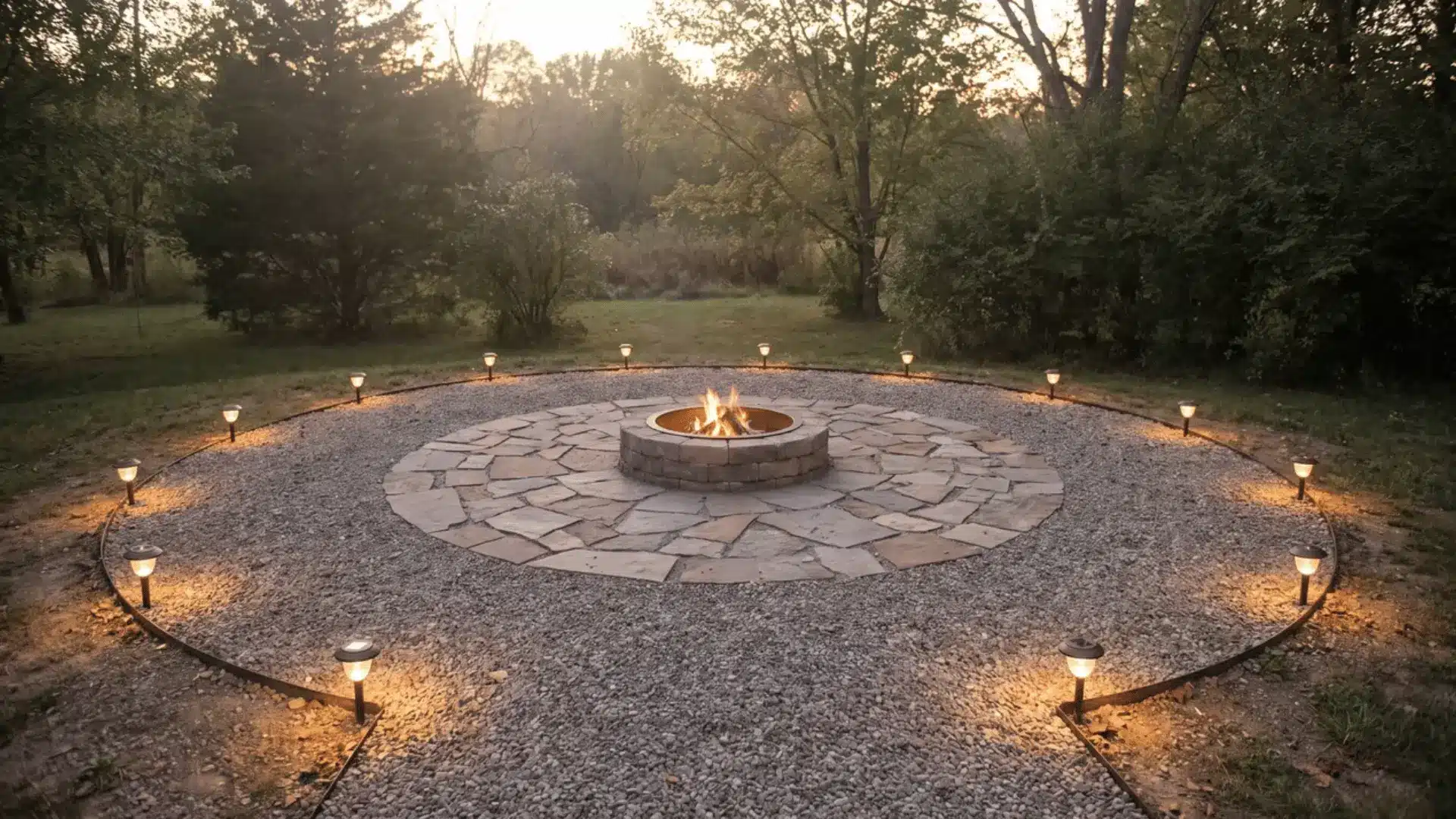 Low solar stake lights spaced around the perimeter of a fire pit seating area