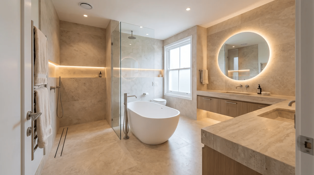 Luxury bathroom with freestanding tub, stone walls, floating vanity, glass shower, and backlit mirror.