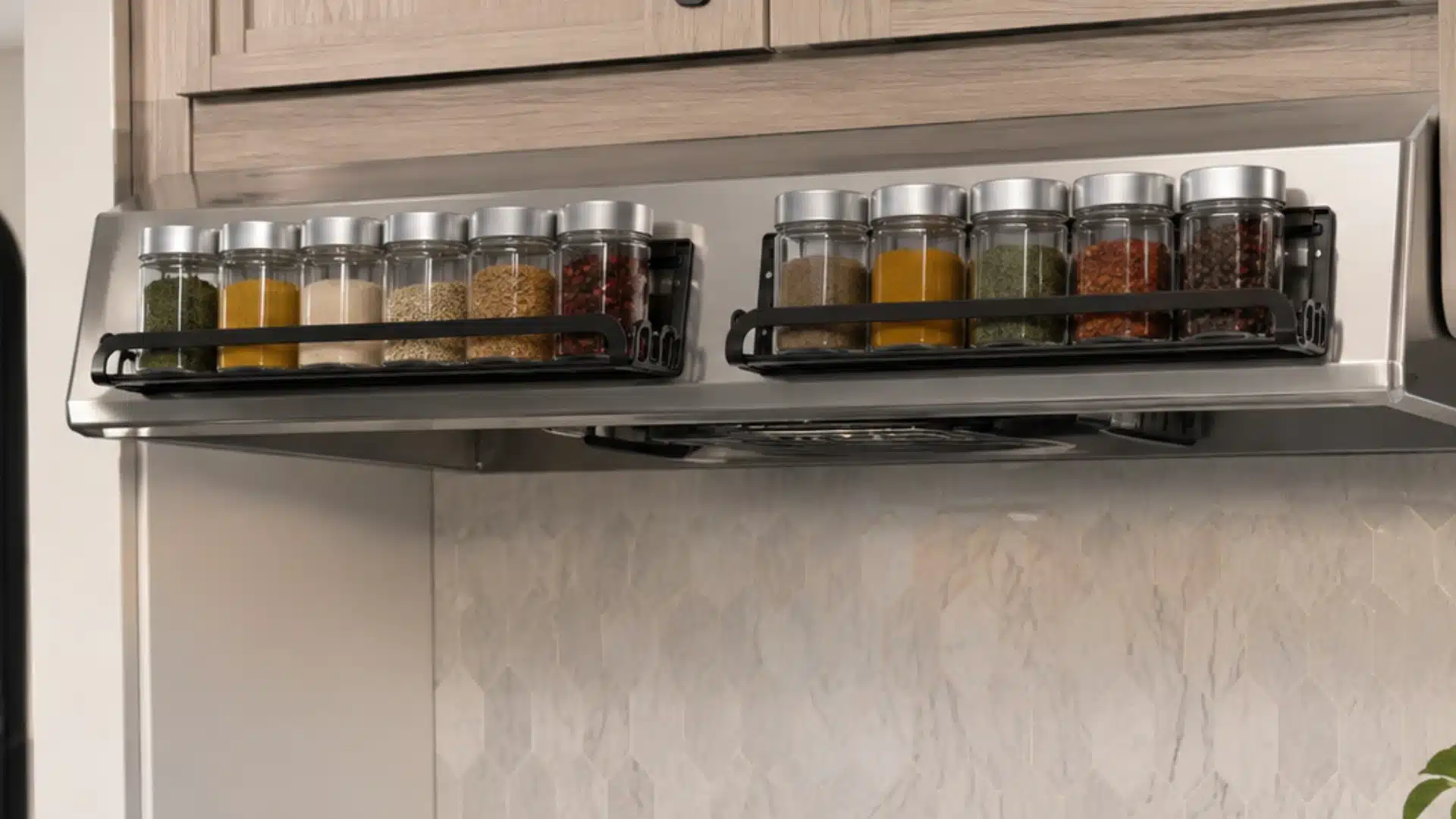 Magnetic spice racks on an RV range hood holding neatly organized glass seasoning jars