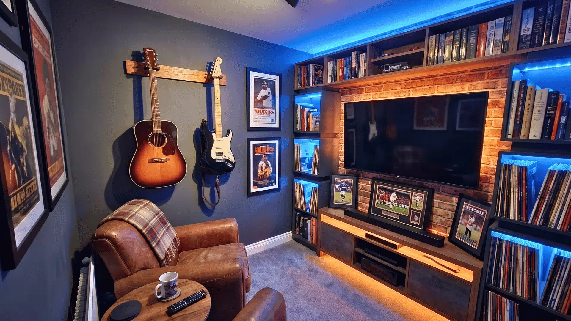 Man cave with wall-mounted TV, guitars, leather chair, framed sports prints, bookshelves, and blue accent lighting.