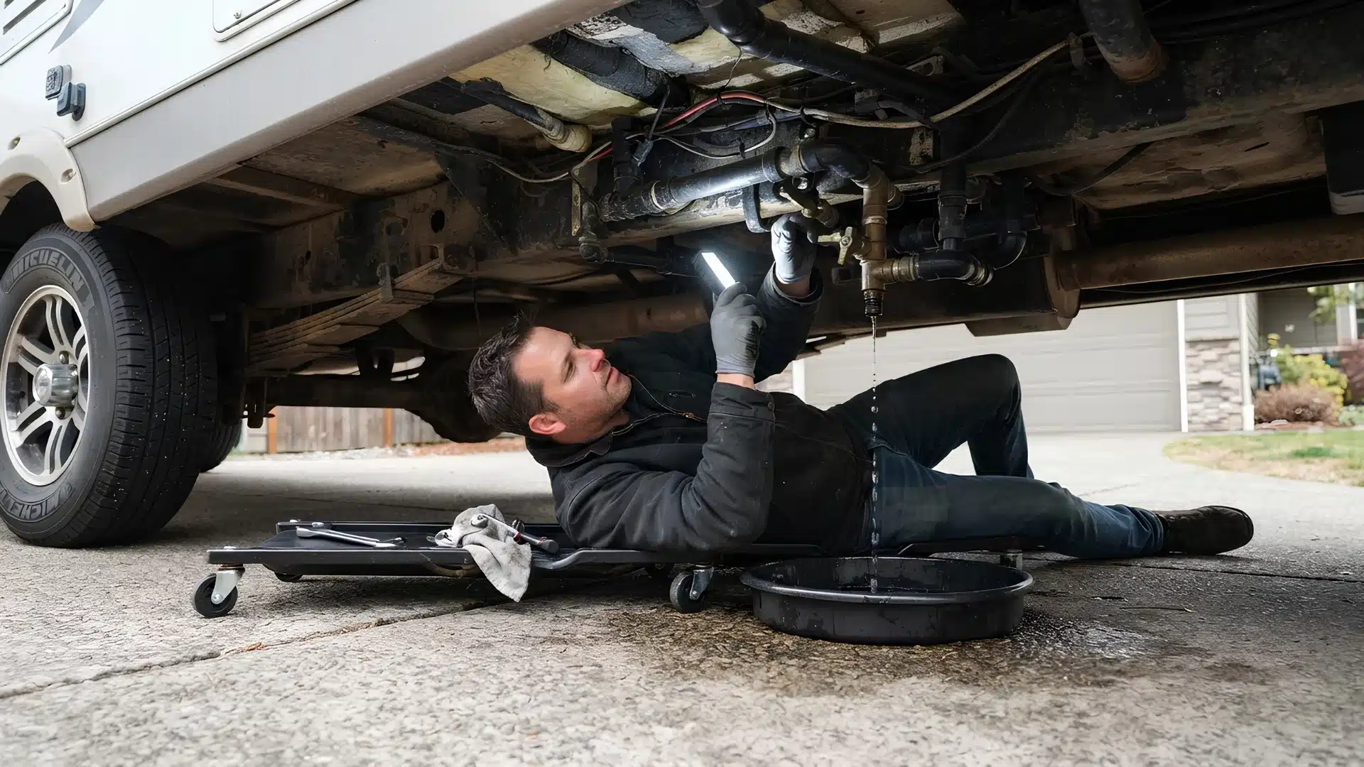 Man lying under an RV holding a light while draining water into a catch pan.