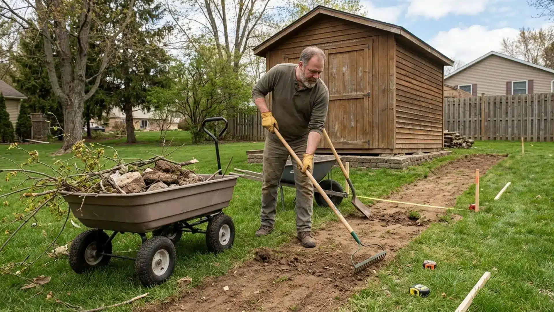 man rakes ground outside a wooden shed, preparing a clear, level path to move it across the yard