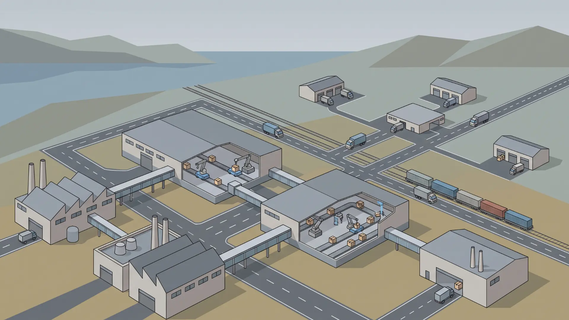 Manufacturing facilities, regional warehouses, delivery routes, and automation connected in one supply chain network