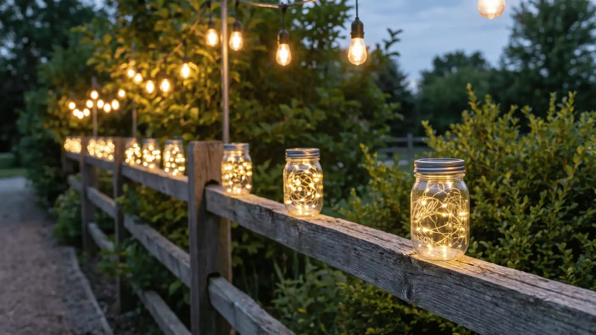 Mason jars with fairy lights spaced evenly along a fence rail