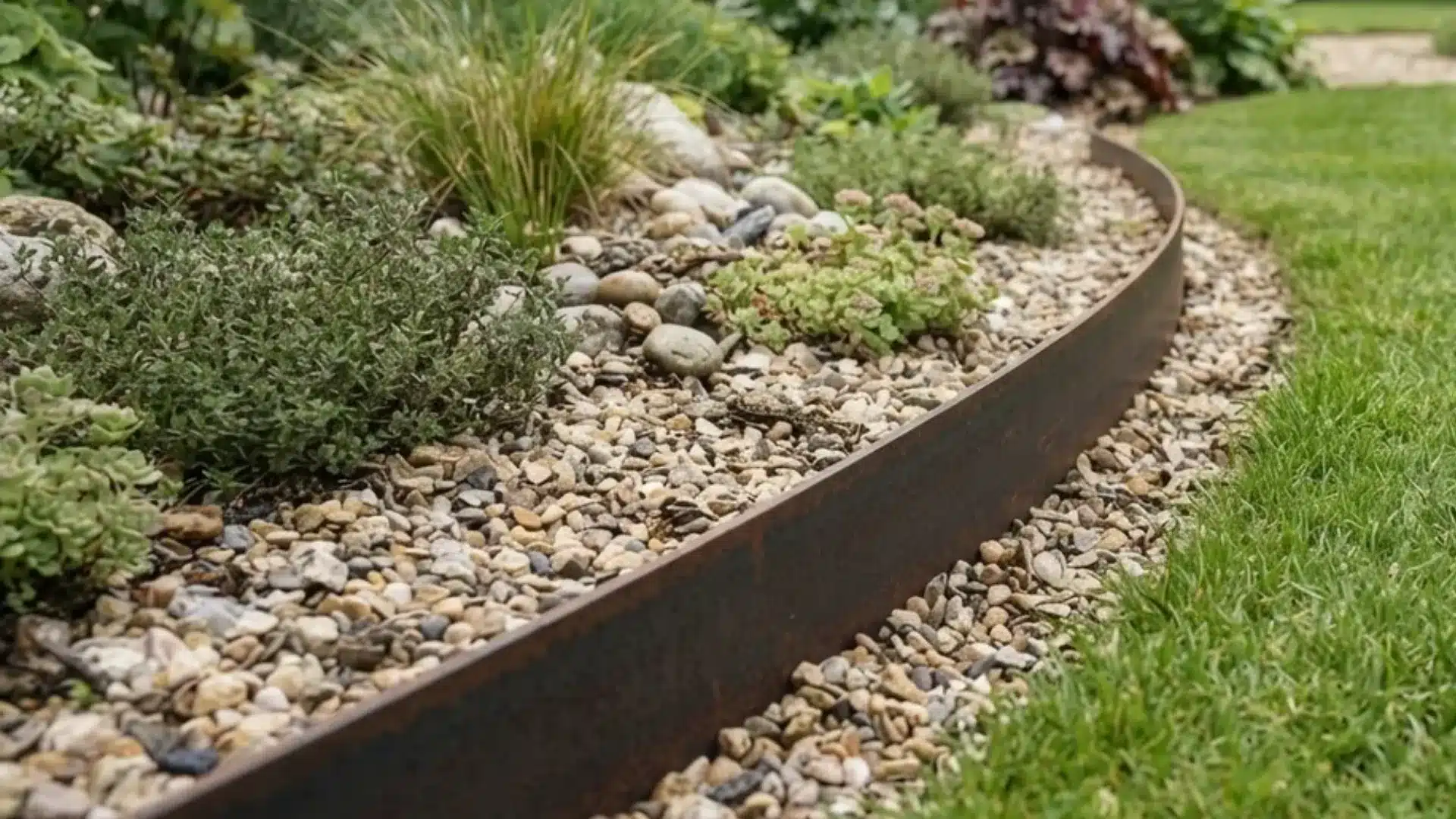 Metal edging strip separating gravel rock garden bed from surrounding green lawn