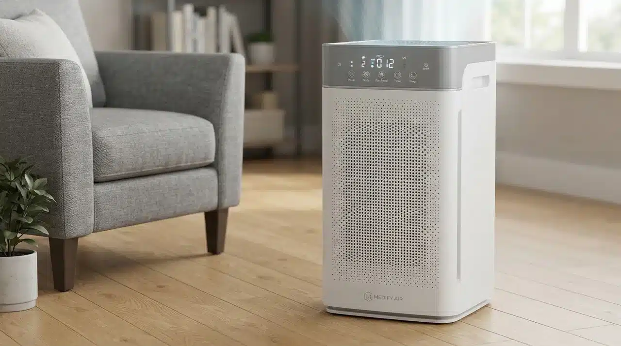 Mid-size tower air purifier with touchscreen panel and side mesh filter in a living room