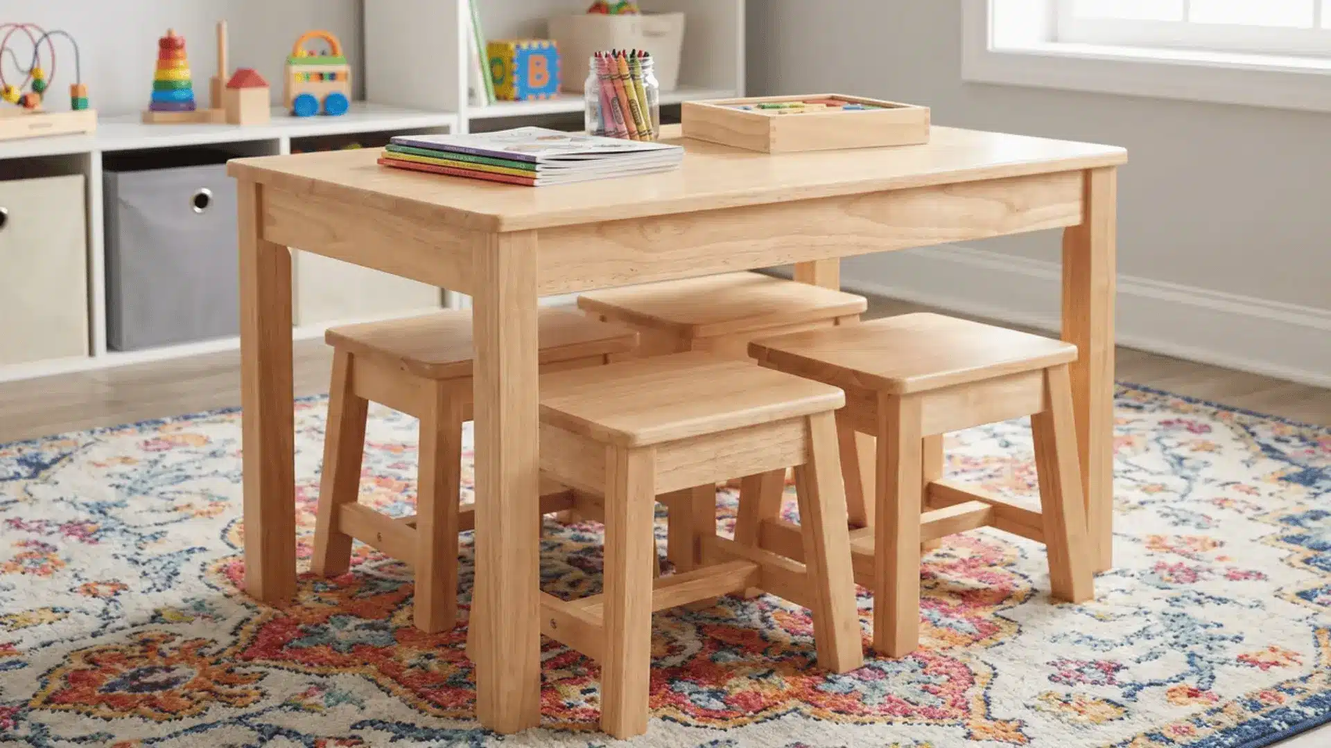 Mini playroom table with child-sized stools stored completely underneath
