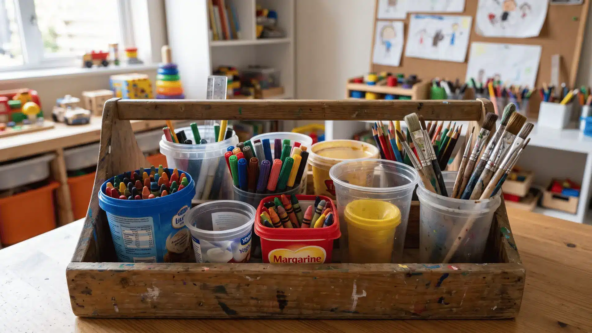 Mismatched plastic containers sorting crayons, markers, and brushes inside one portable tray