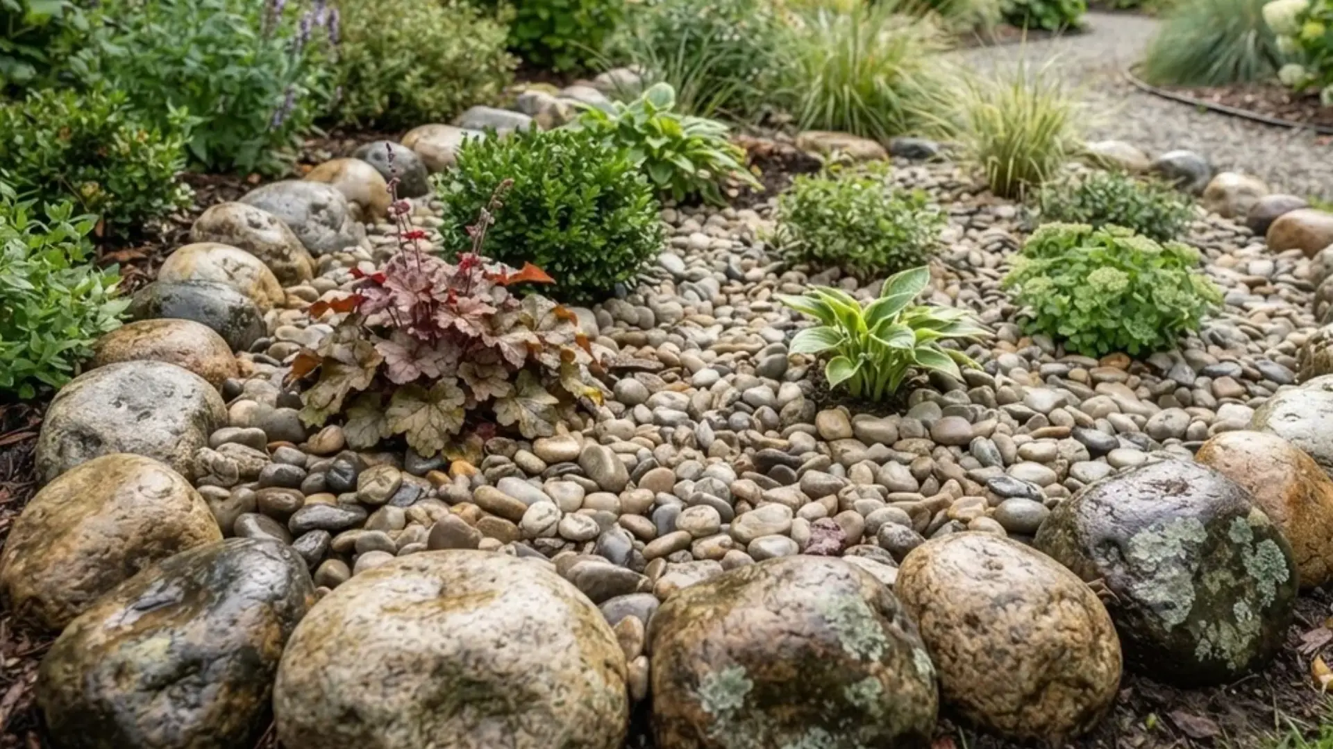 Mixed sizes of river rock arranged together in a small rock garden bed for texture