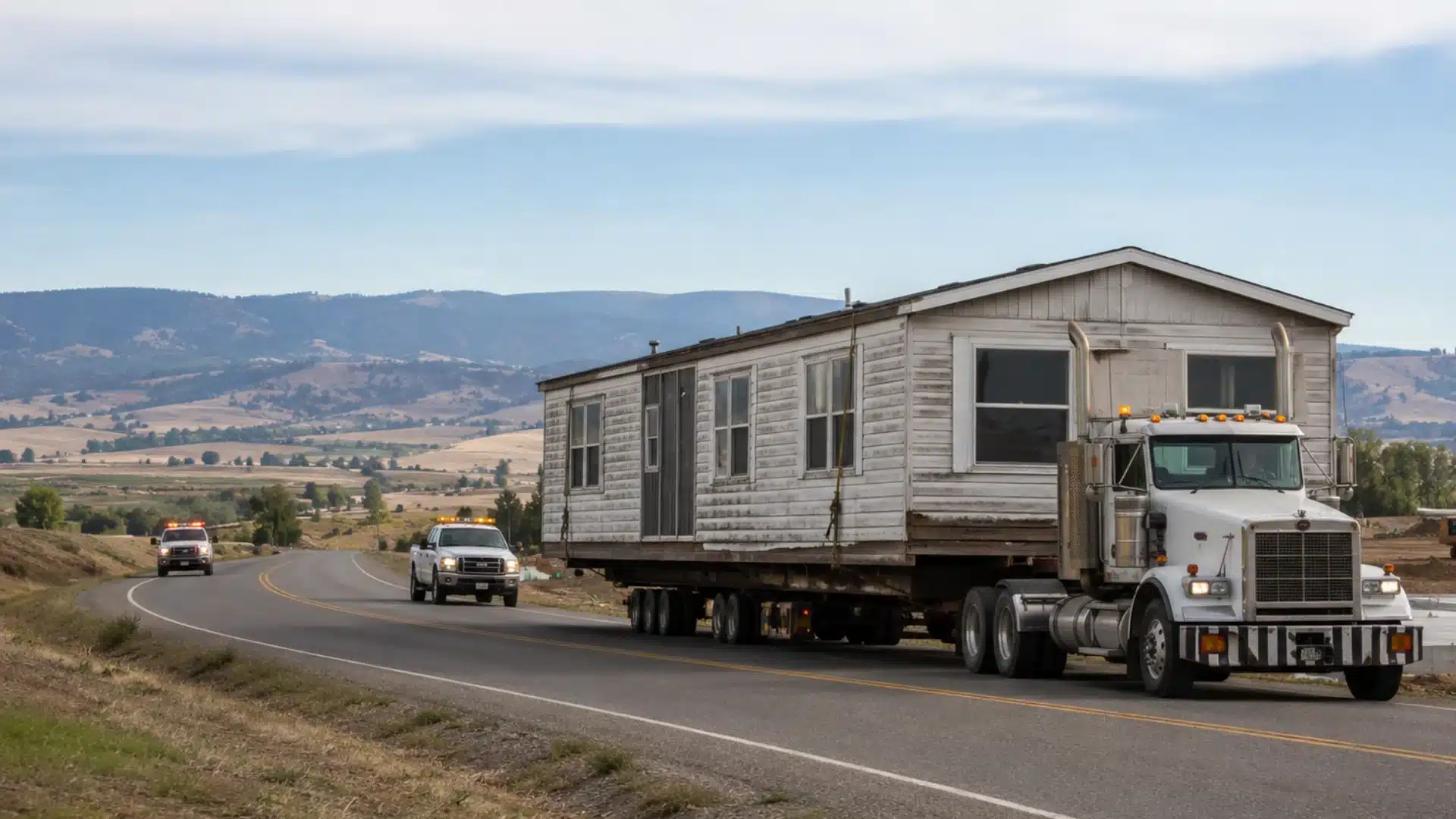 Mobile home hauled by truck with escort vehicles beside a prepared construction site