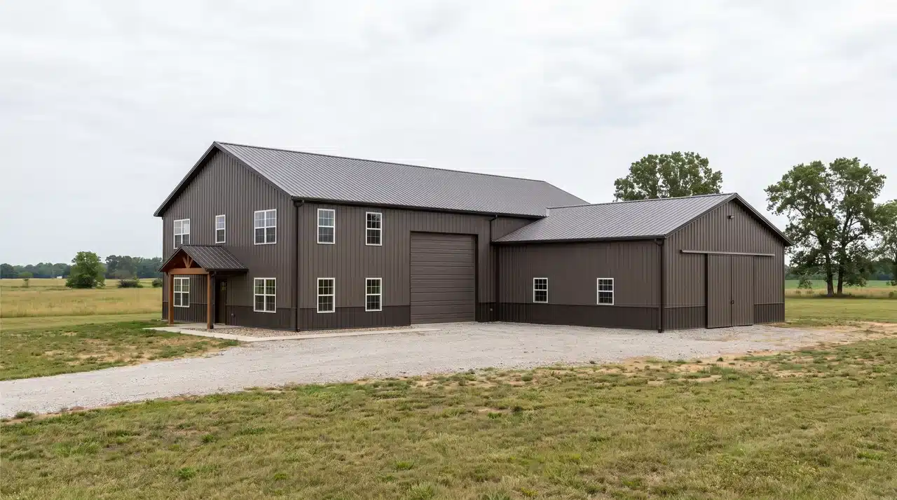 Completed barndominium with residential windows, metal siding, garage bay, and attached workshop space
