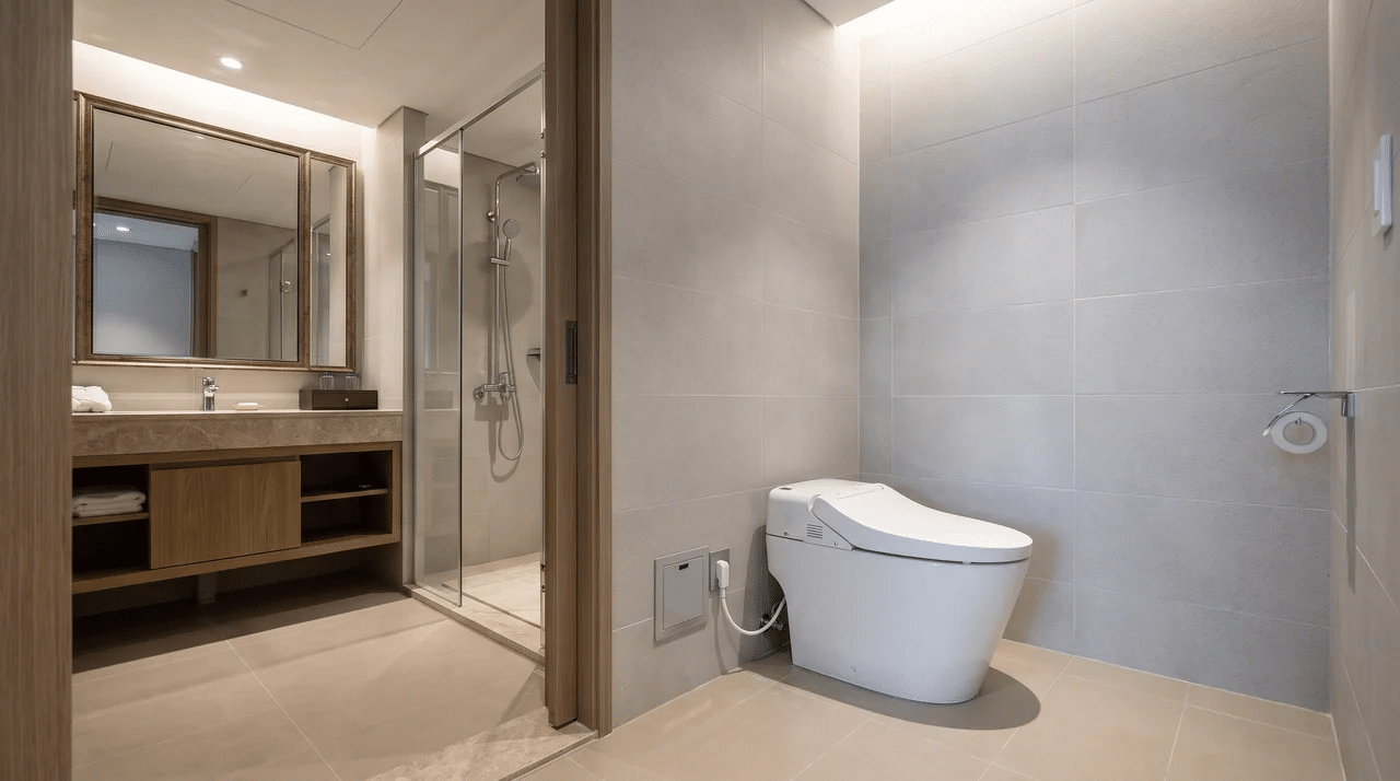 Modern bathroom with bidet toilet, glass shower enclosure, vanity mirror, and tiled walls