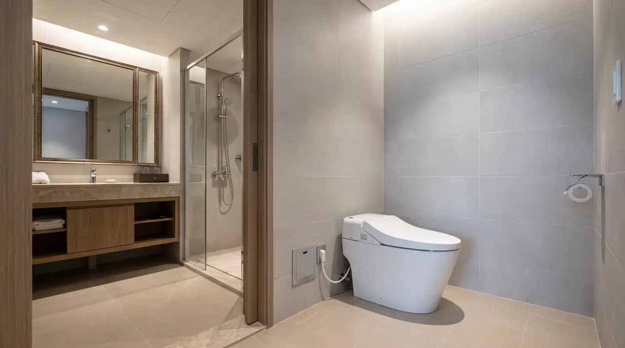 Modern bathroom with bidet toilet, glass shower enclosure, vanity mirror, and tiled walls