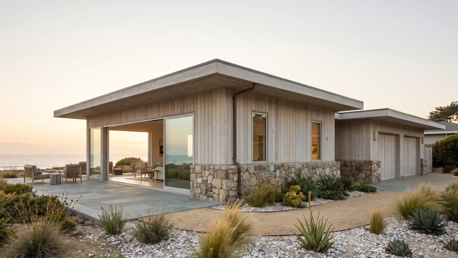 Modern coastal ranch house with light wood siding, stone accents, and ocean views.
