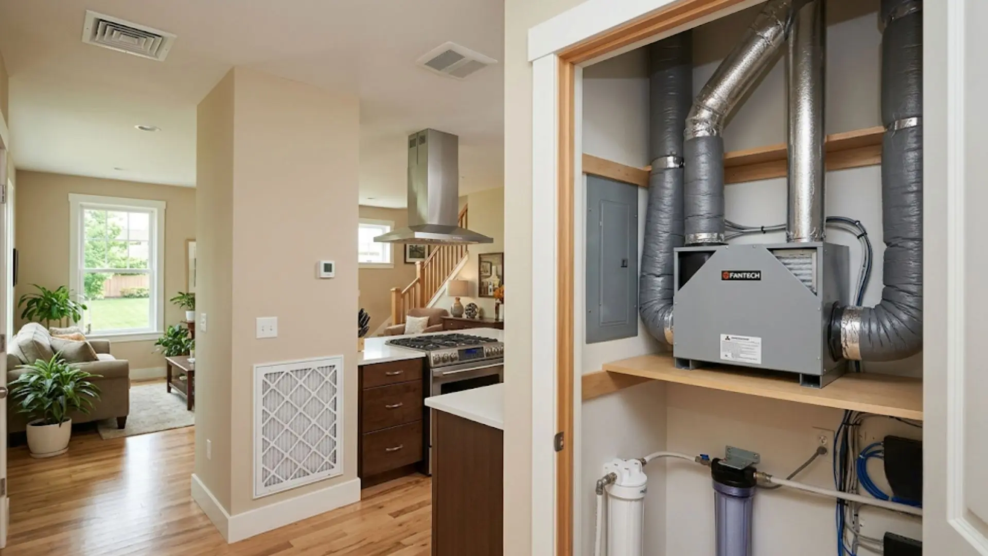 modern home interior showing a living area, kitchen hood, hallway return grille, and utility closet with a ventilation system