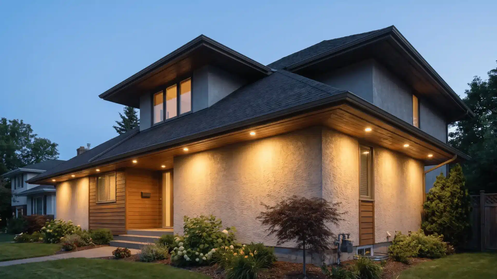 Modern house exterior with recessed under-eaves lights illuminating the roofline
