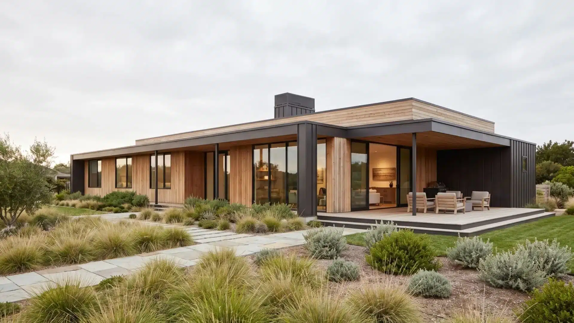 Modern single-story wood house with dark trim, featuring a covered patio, glass doors, and a landscaped yard.