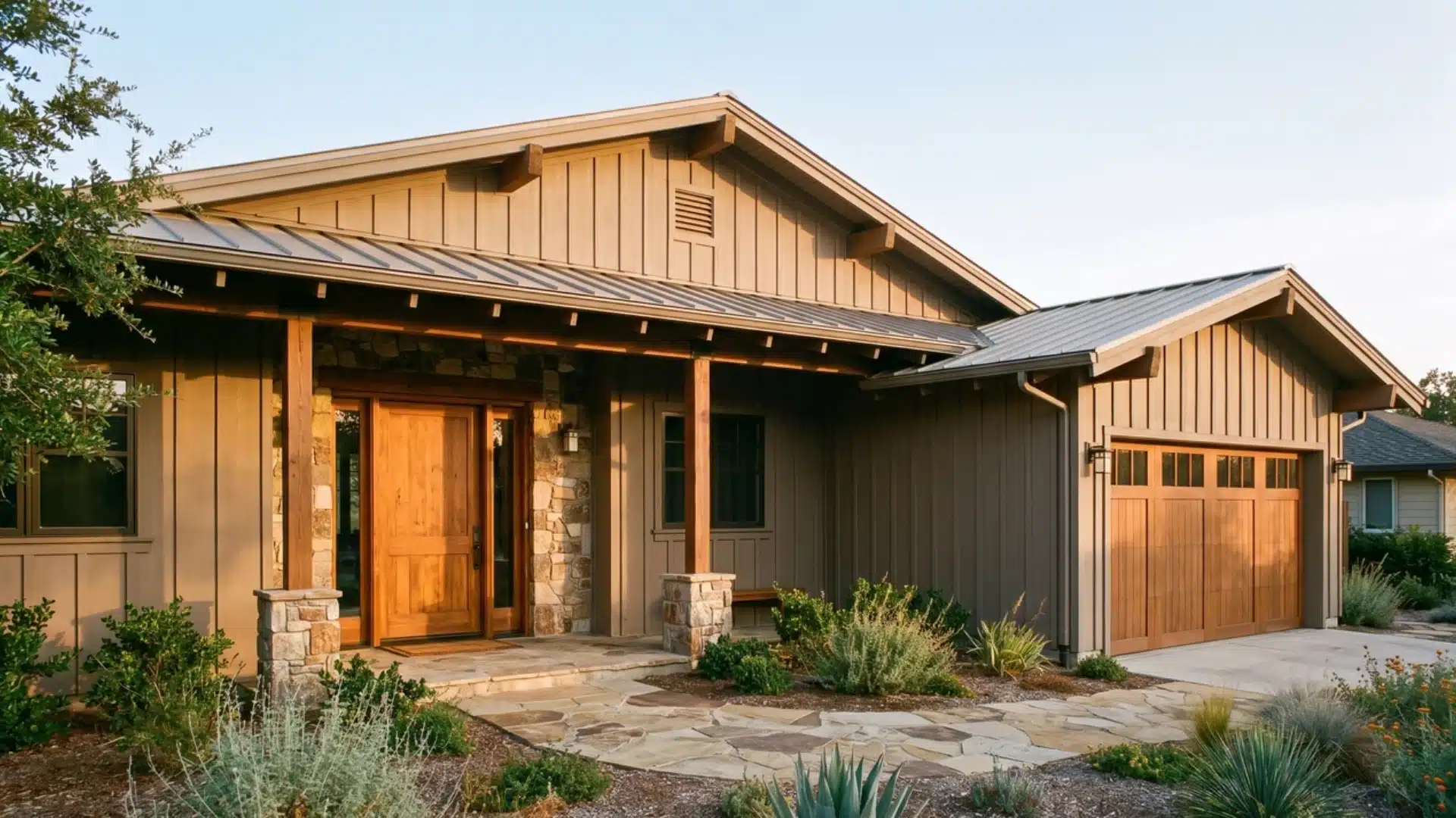 Modern ranch house featuring beige board-and-batten siding, wood pillars, and a stone walkway.