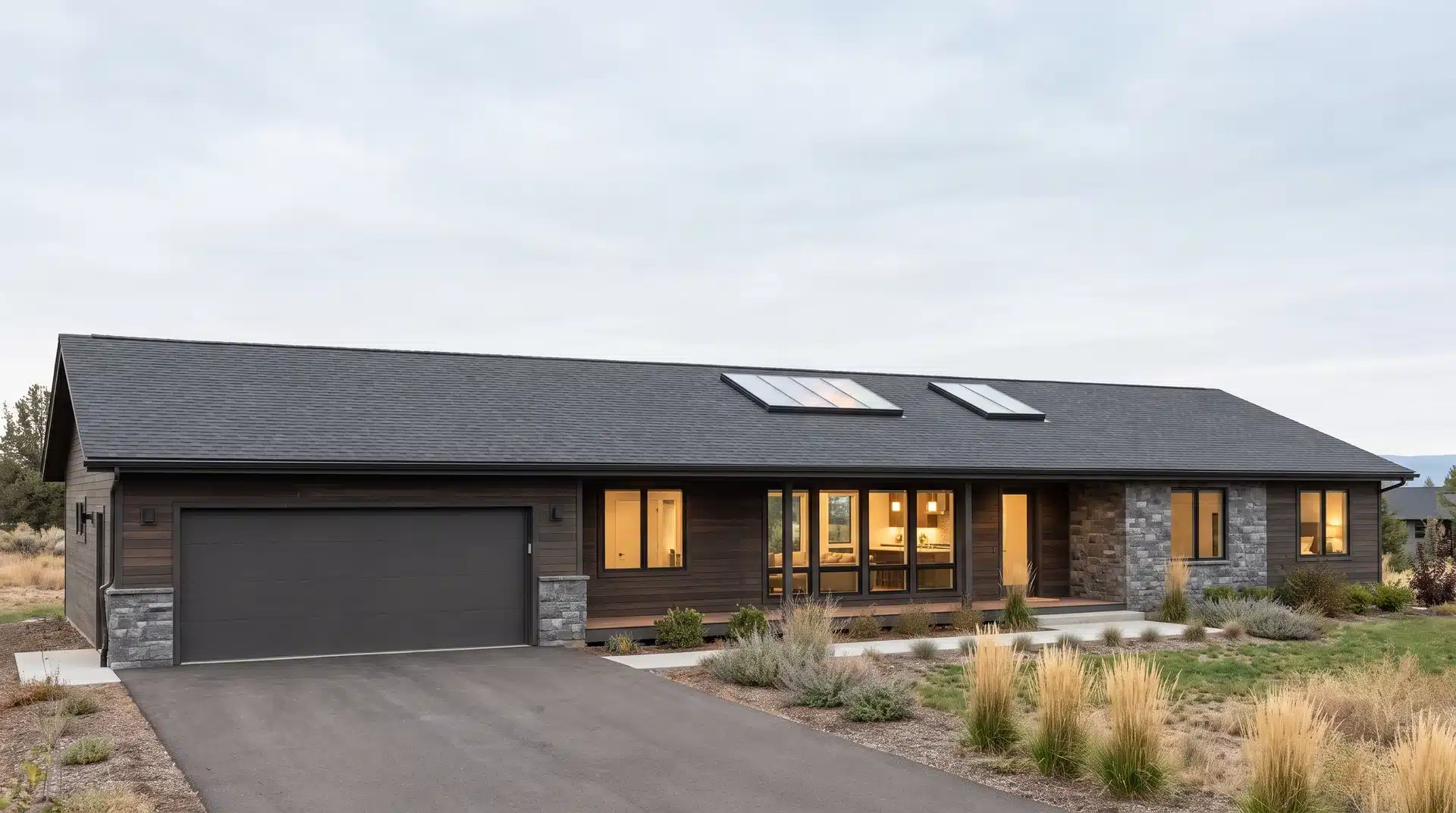 Modern ranch house with low roofline and integrated skylights