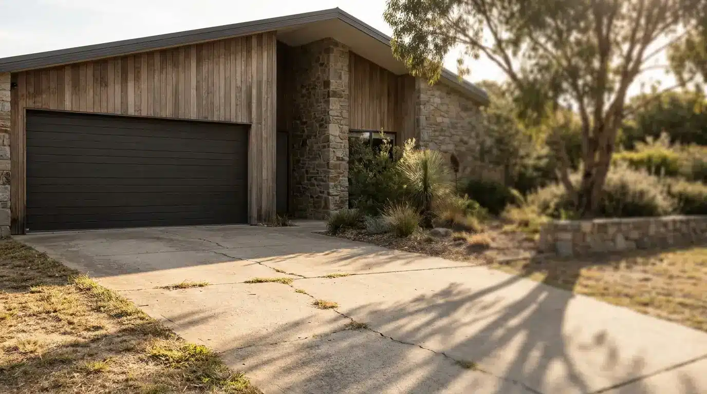 Modern house exterior with wooden and stone facade, large driveway, and surrounding greenery in soft sunlight