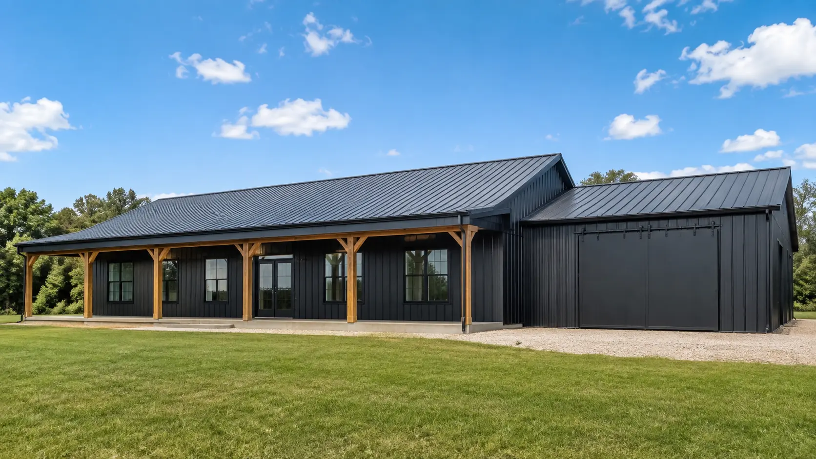 Modern single-story barndominium with dark metal siding, wood porch, large windows, and attached garage bay.