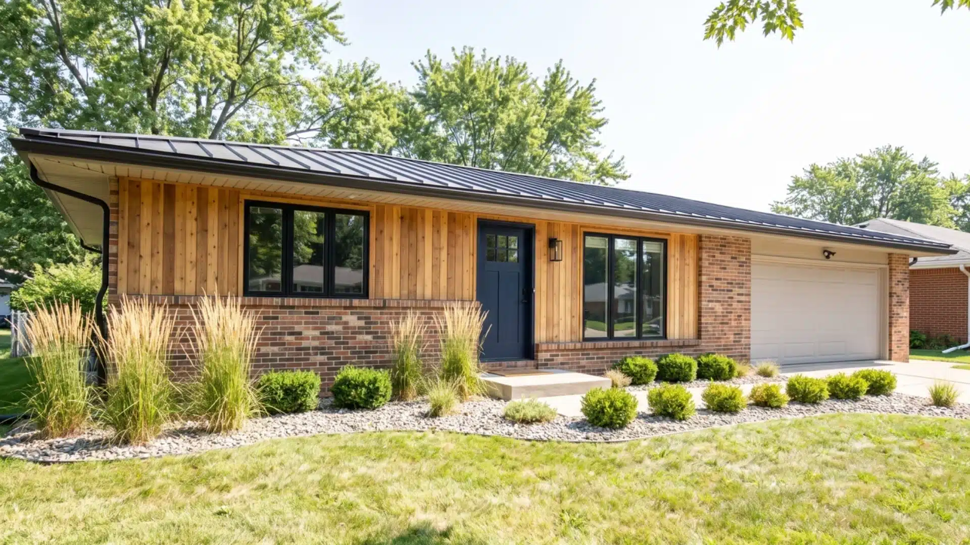 Modernized suburban ranch house featuring vertical wood siding, brick accents, and dark trim.
