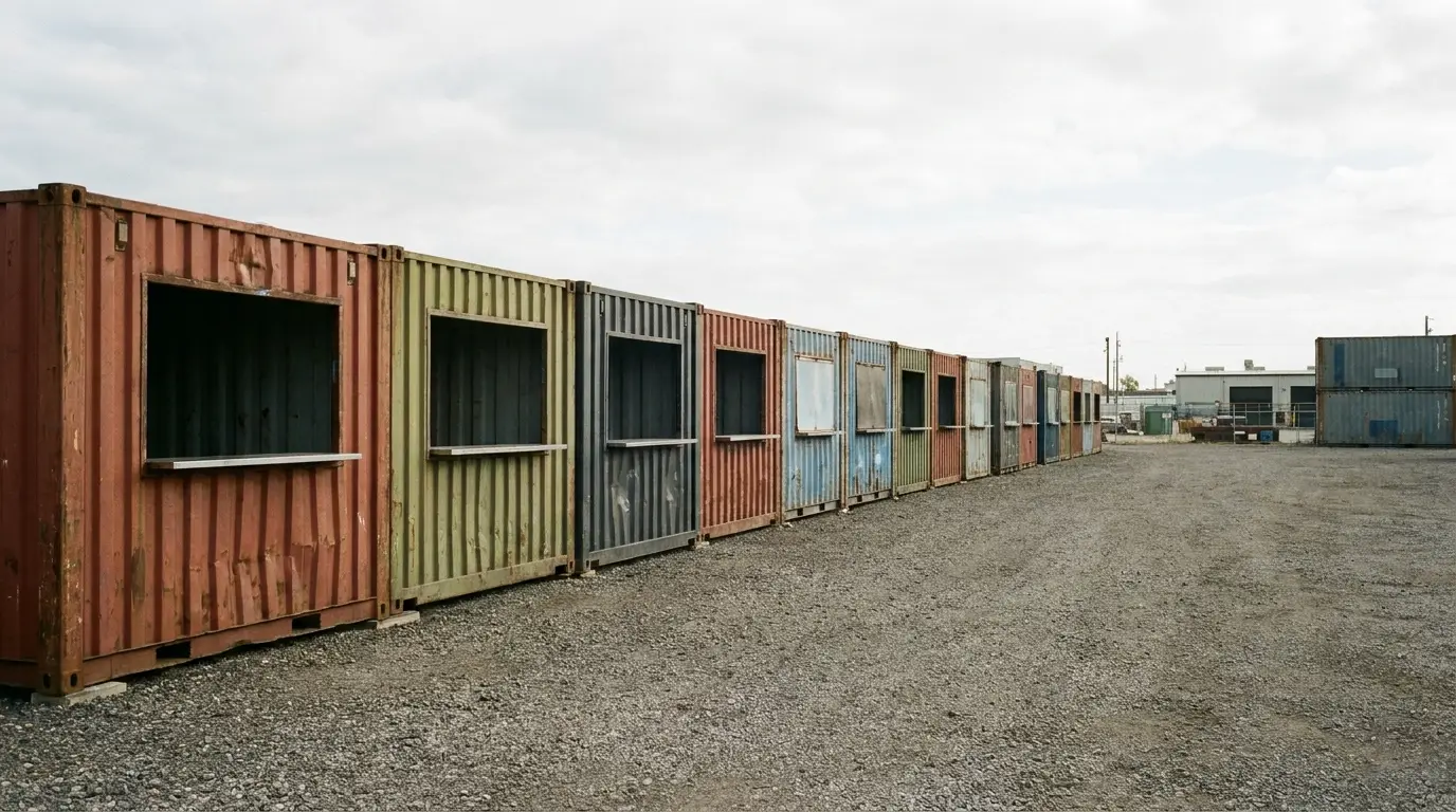 Row of colorful shipping containers with open windows on gravel lot under overcast sky