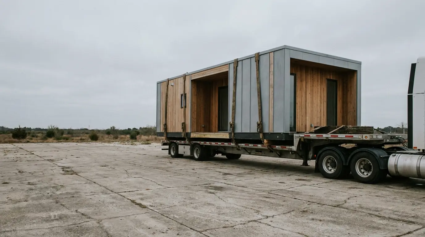 Modular home on flatbed trailer in open concrete lot under cloudy sky