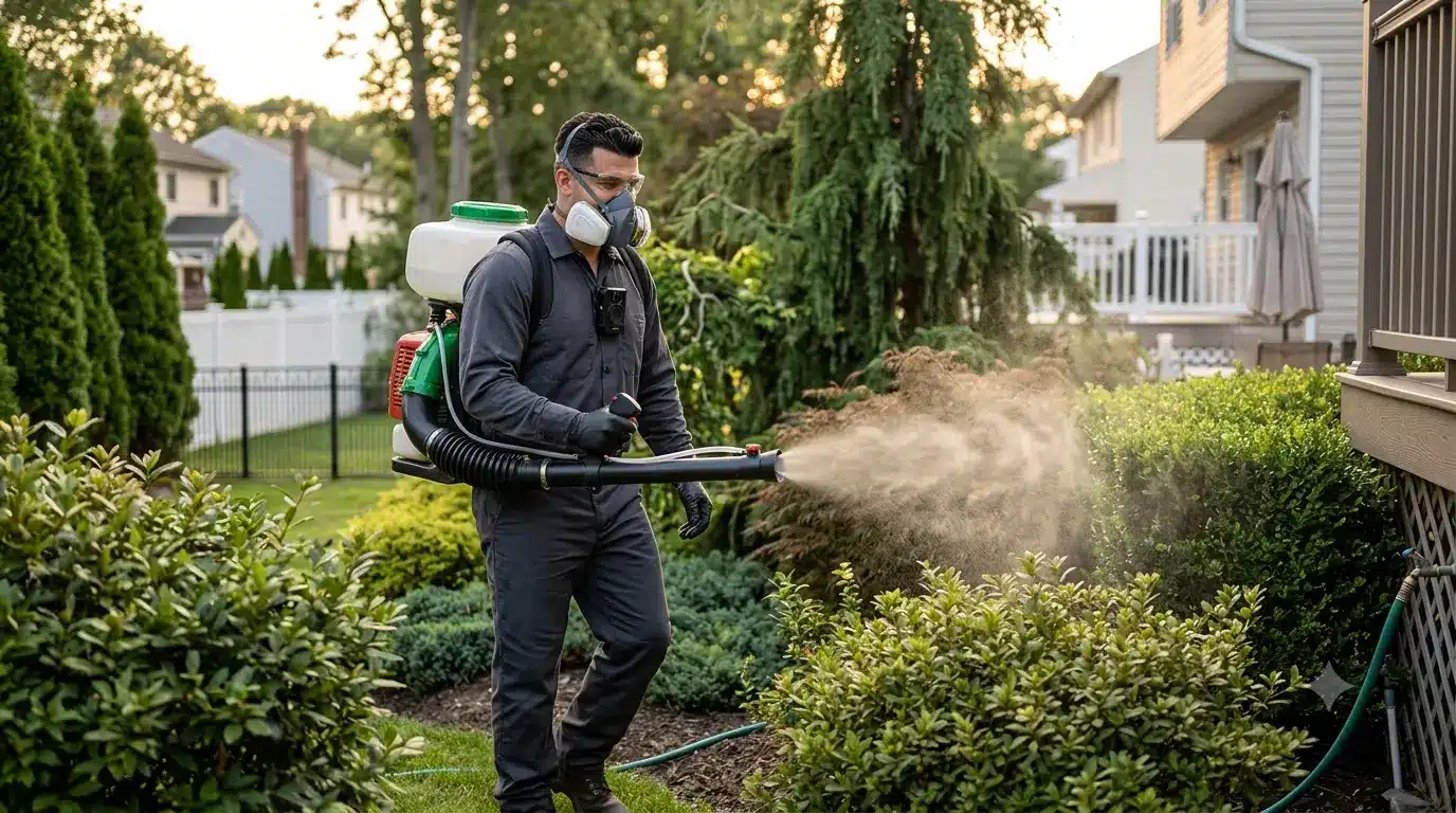 Man in protective gear spraying pesticide on garden bushes in a suburban backyard setting