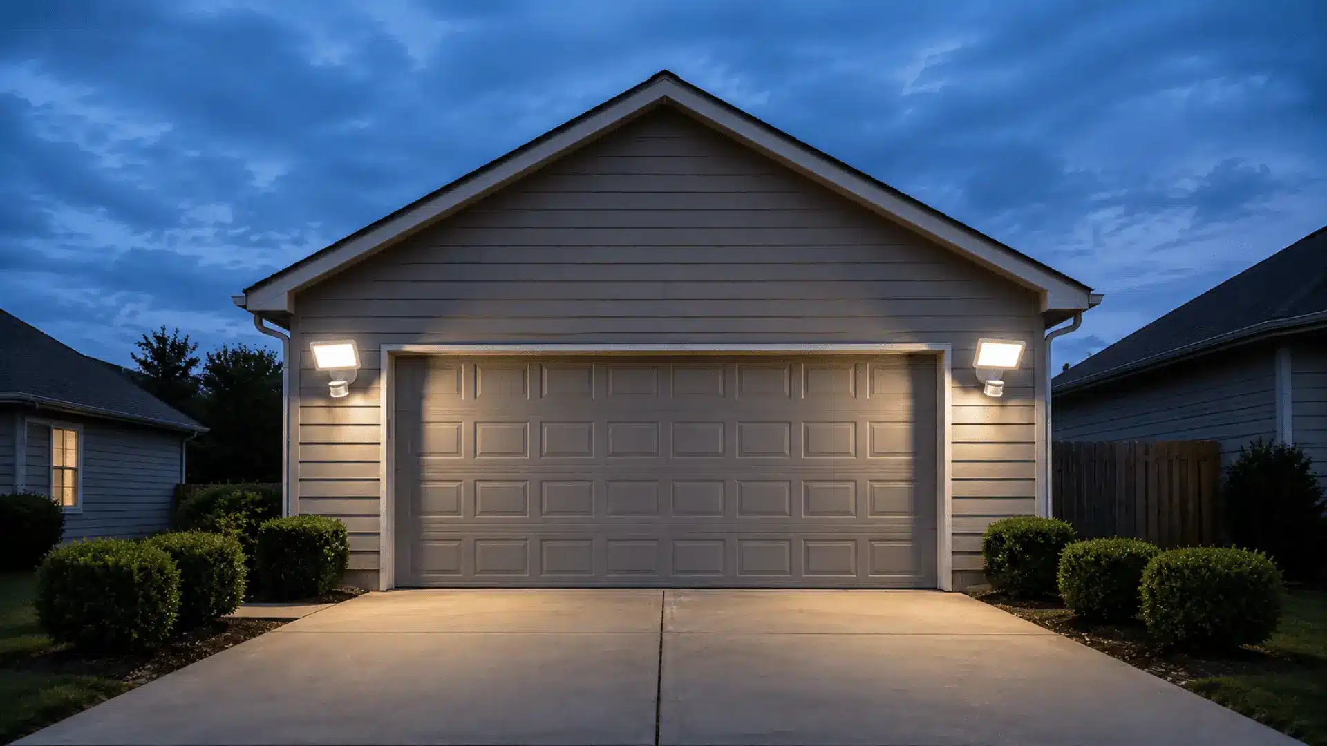 Motion-sensor floodlights mounted above a garage door facing the driveway