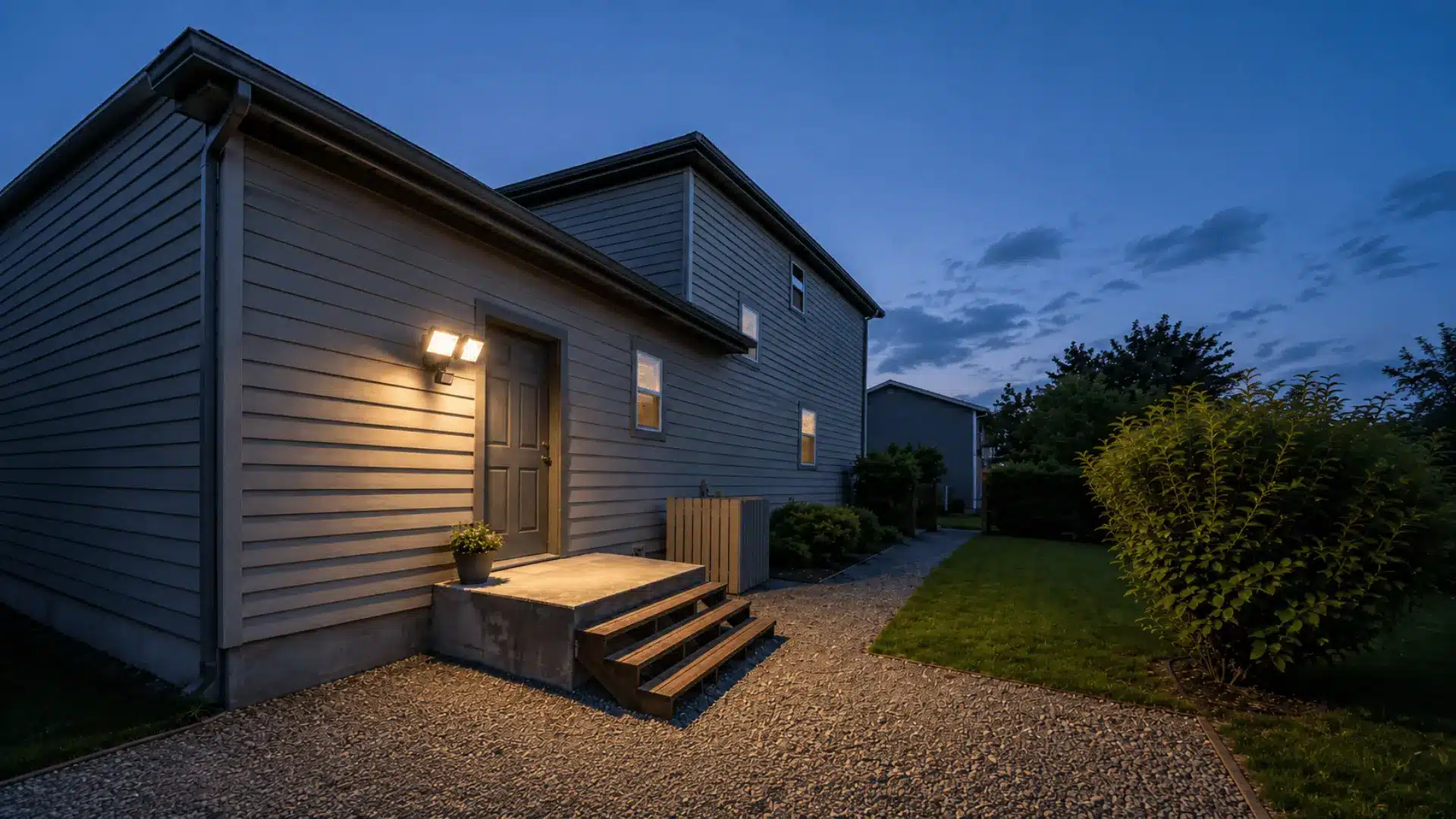 Motion-sensor light mounted beside a back door above the stairs or landing