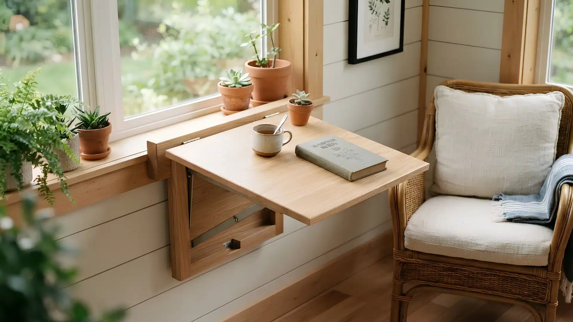 small fold out table mounted on a wall beside an armchair