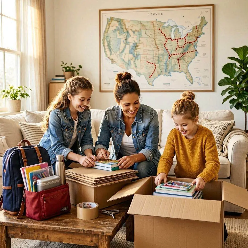 Family packing books into cardboard boxes on wooden table in cozy living room