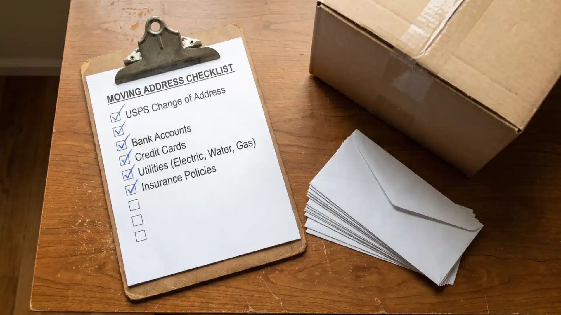 A moving address checklist on a vintage clipboard lying on a wooden surface next to a stack of white envelopes and a sealed cardboard box. The checked items include USPS Change of Address, Bank Accounts, and Credit Cards