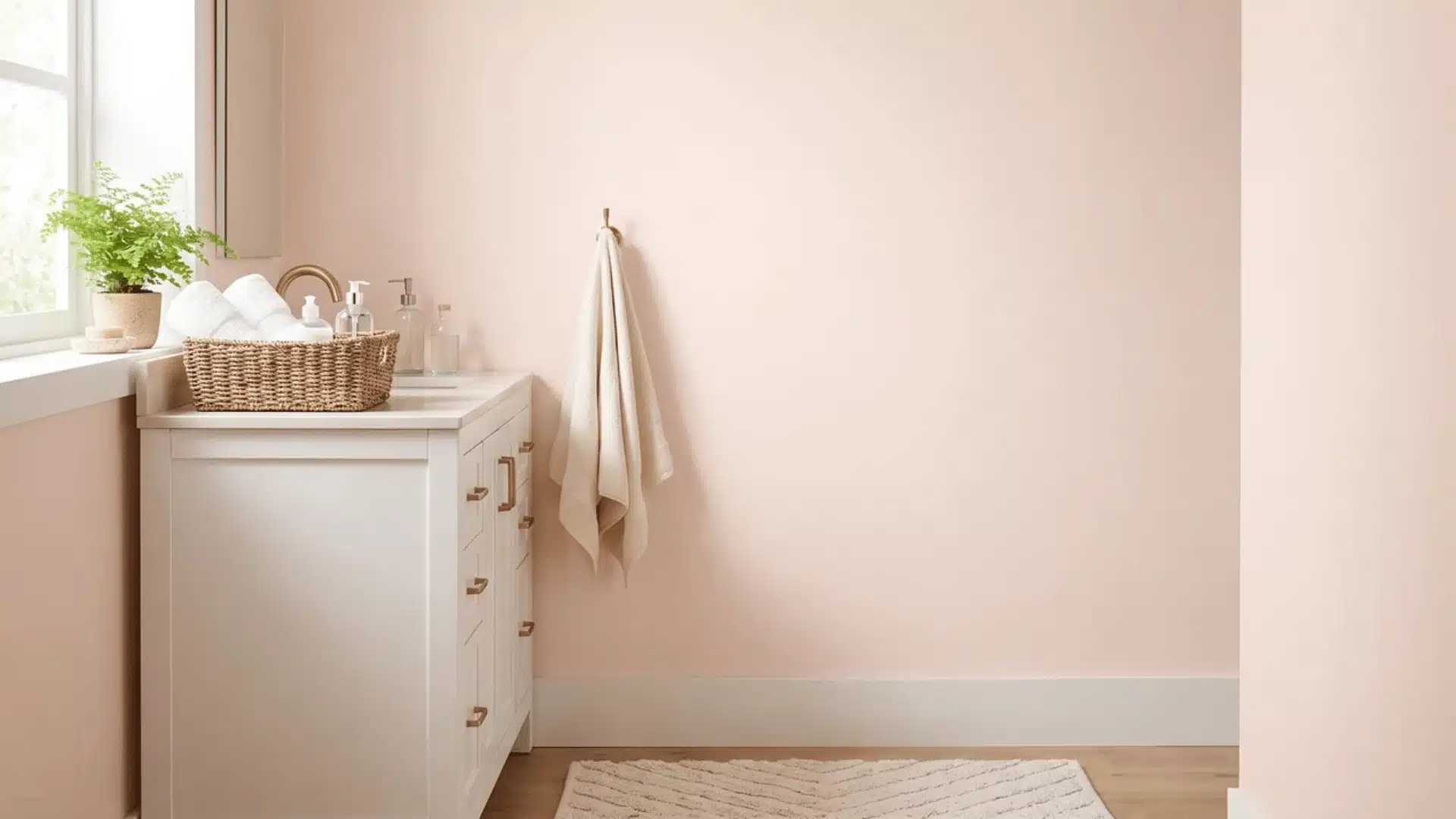 Small bathroom with soft blush pink walls and warm brass fixtures