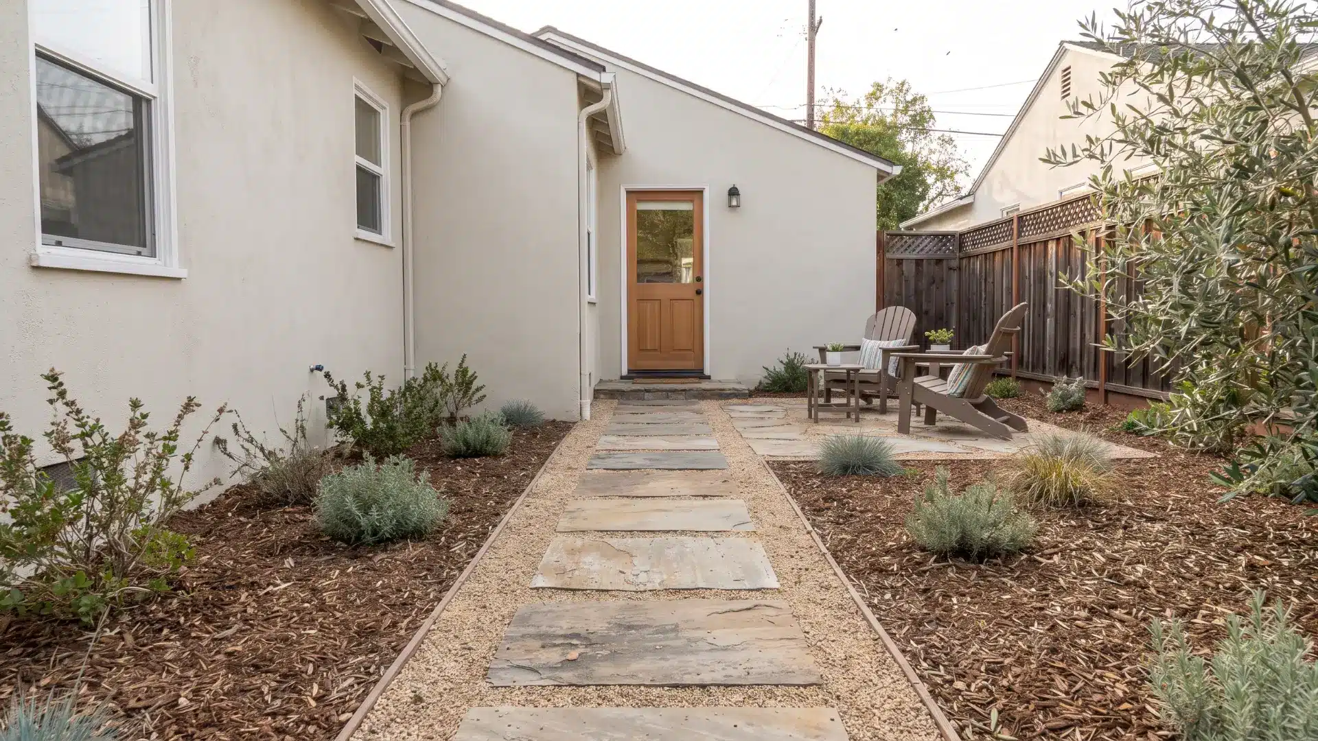 Narrow patio path leading from a door to a compact seating area