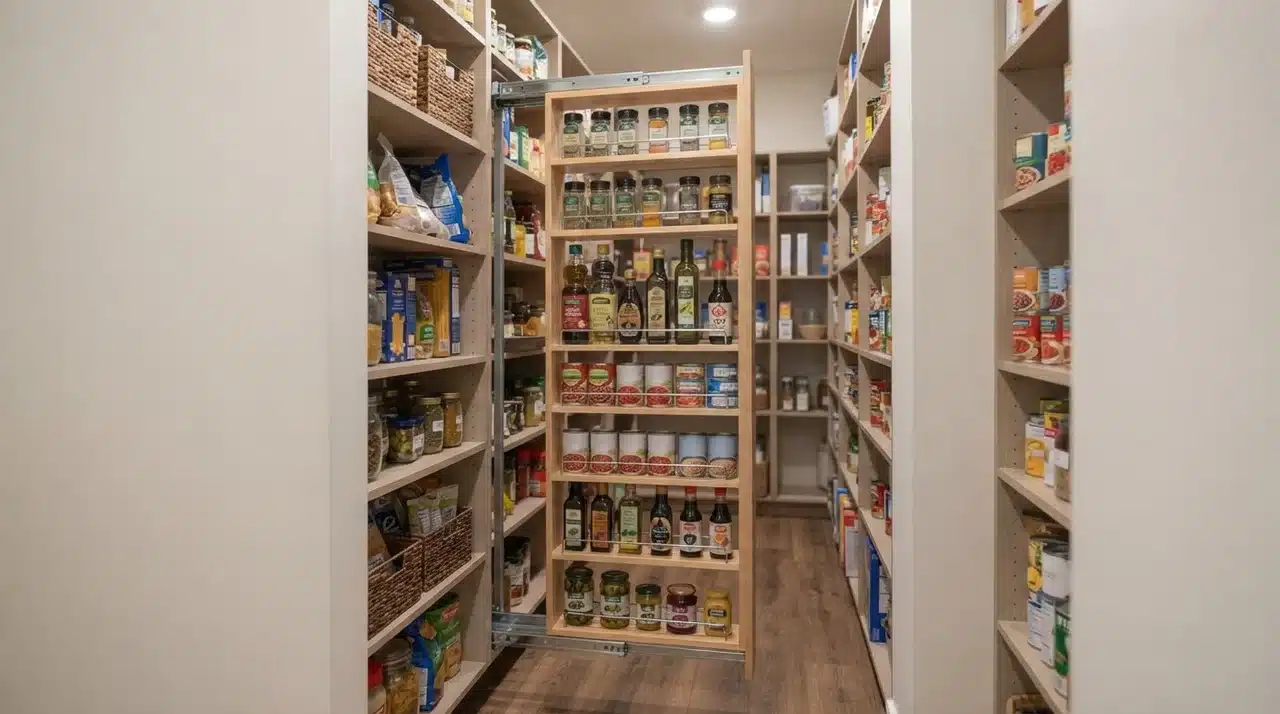 Narrow pull-out unit half-extended from a gap between pantry shelves, shelves inside holding bottles, tins, and jars