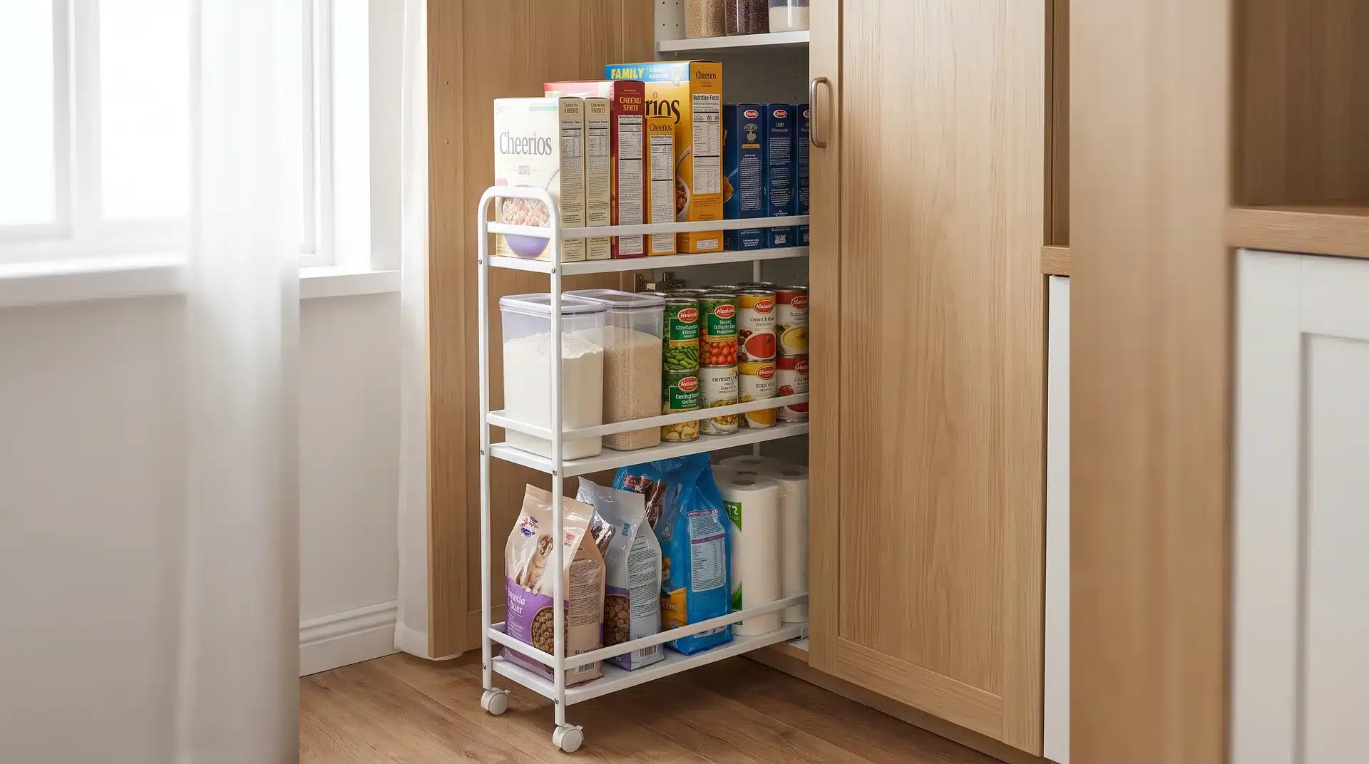 Narrow rolling cart holding bulk food packs, cans, and backup supplies