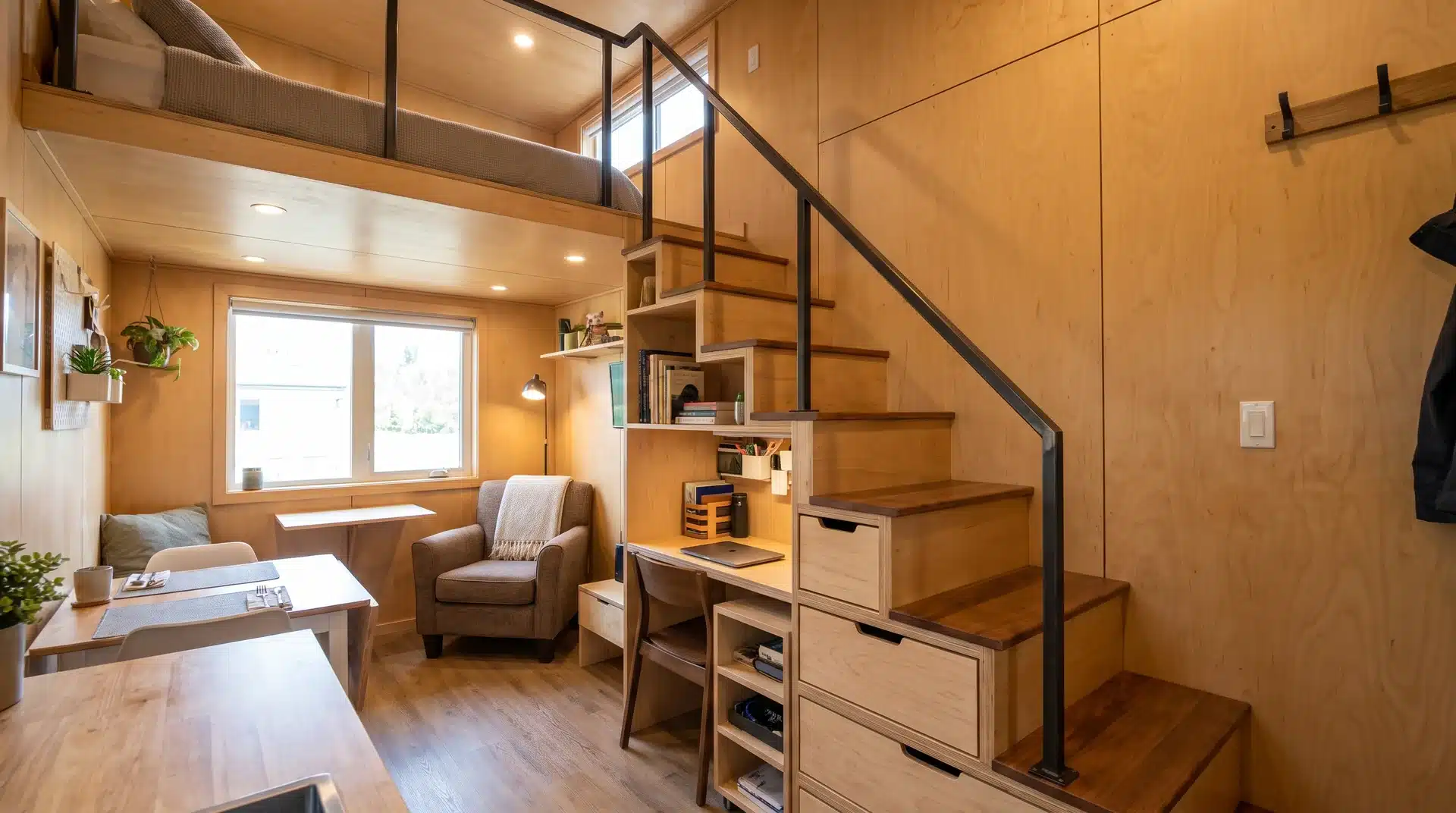 Narrow staircase with storage drawers leading to a loft in a compact tiny home living area